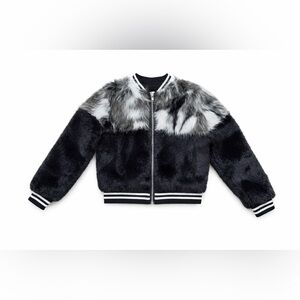Mia NY Chic Boutique Faux Fur Bomber Jacket sz 6x/7 Black White Grey w/ Zipper